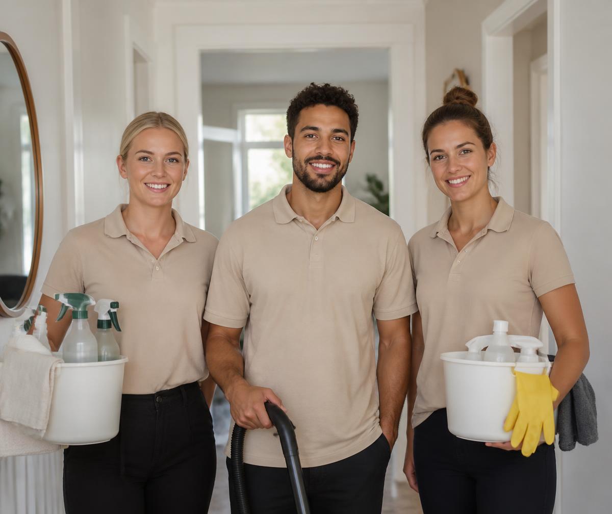 Personal från Eksjö Service Team i en ljus hall med städutrustning
